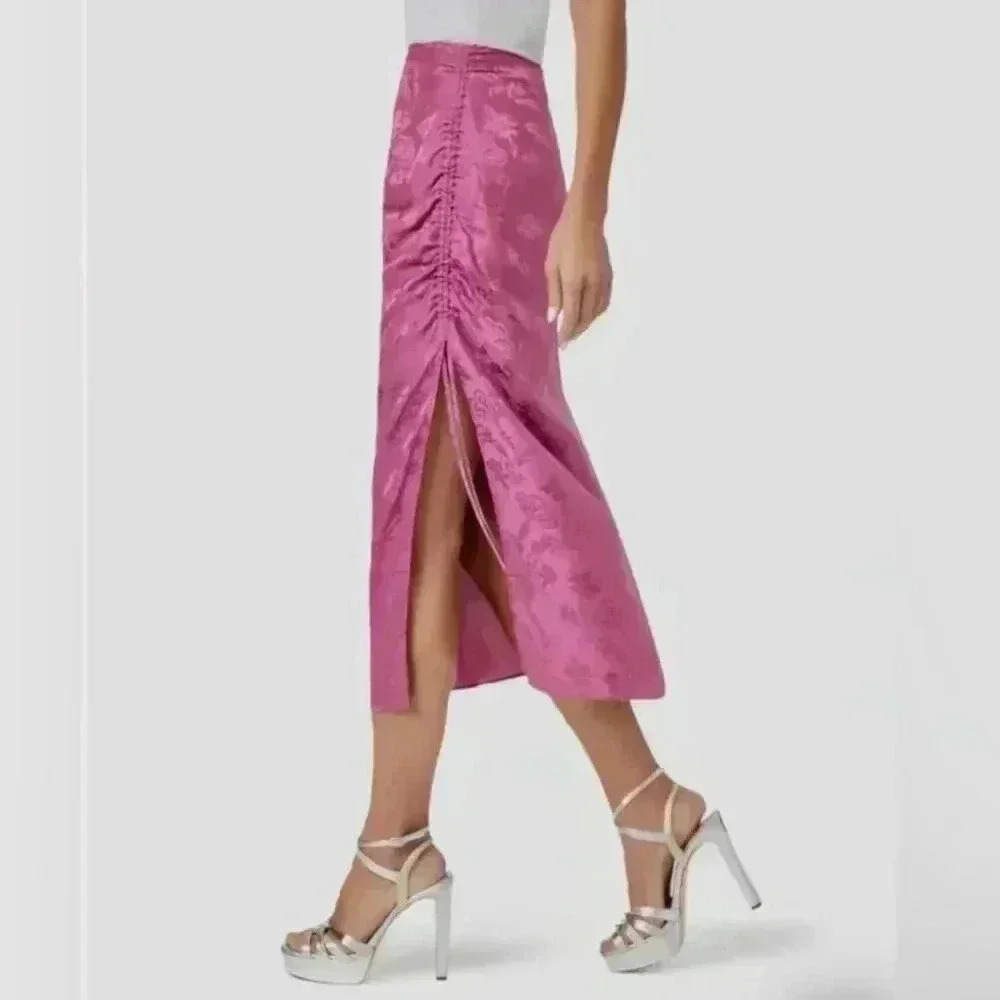 PAIGE Jenette Rouched Floral Silk Midi Skirt Womens Medium Dusty Plum NEW - Picture 9 of 9
